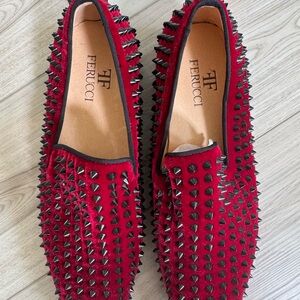 FERUCCI BURGUNDY VELVET BLACK SPIKES SLIPPERS  LOAFER SIZE 9 PROM WEDDING SHOES
